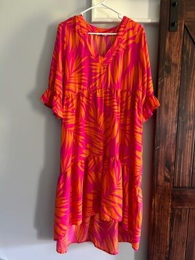 Vibrant Pink & Orange Tropical Print Tunic Dress